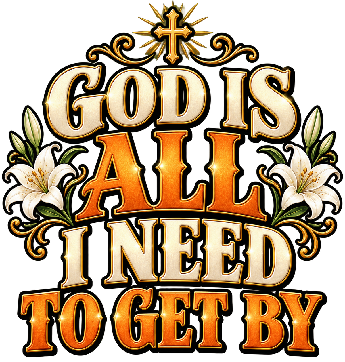 God Is All I Need To Get By – Gold Revival DTF Transfer artwork
