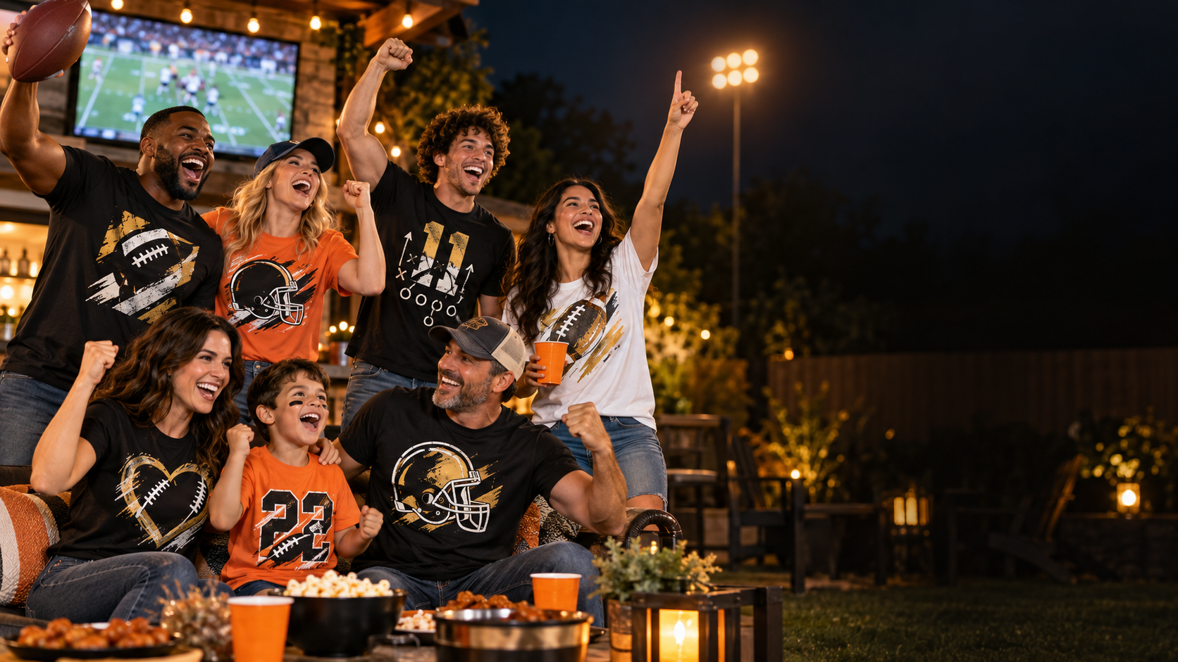 Friends and family wearing original football season custom shirts